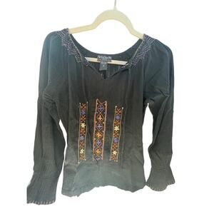 First vision top women’s size medium black embroidered cotton flare sleeves VTG